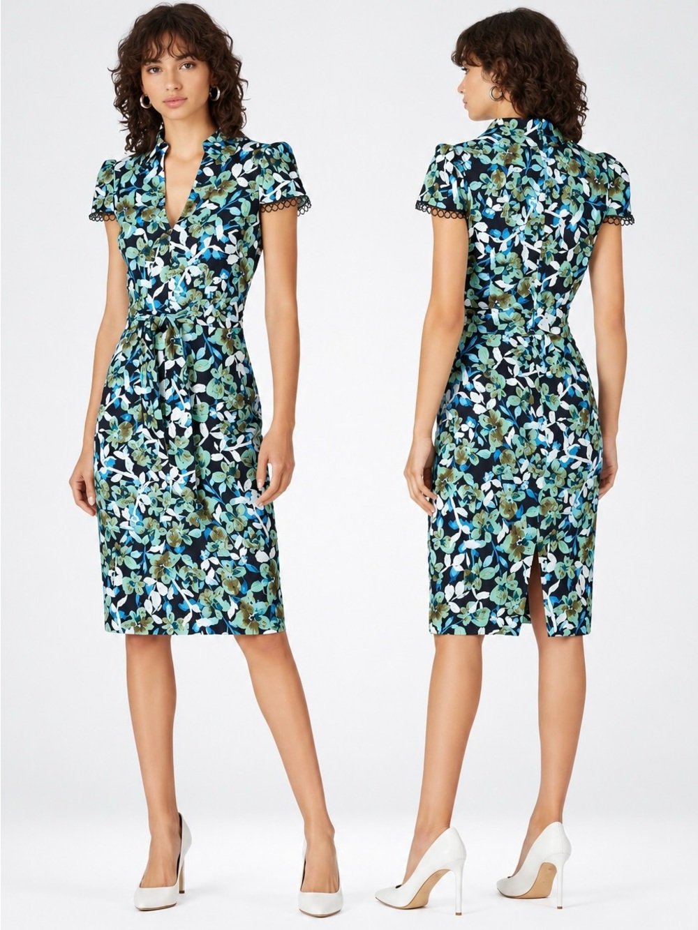 Badgley Mischka Blue Floral Collared Sheath Dress Size 2